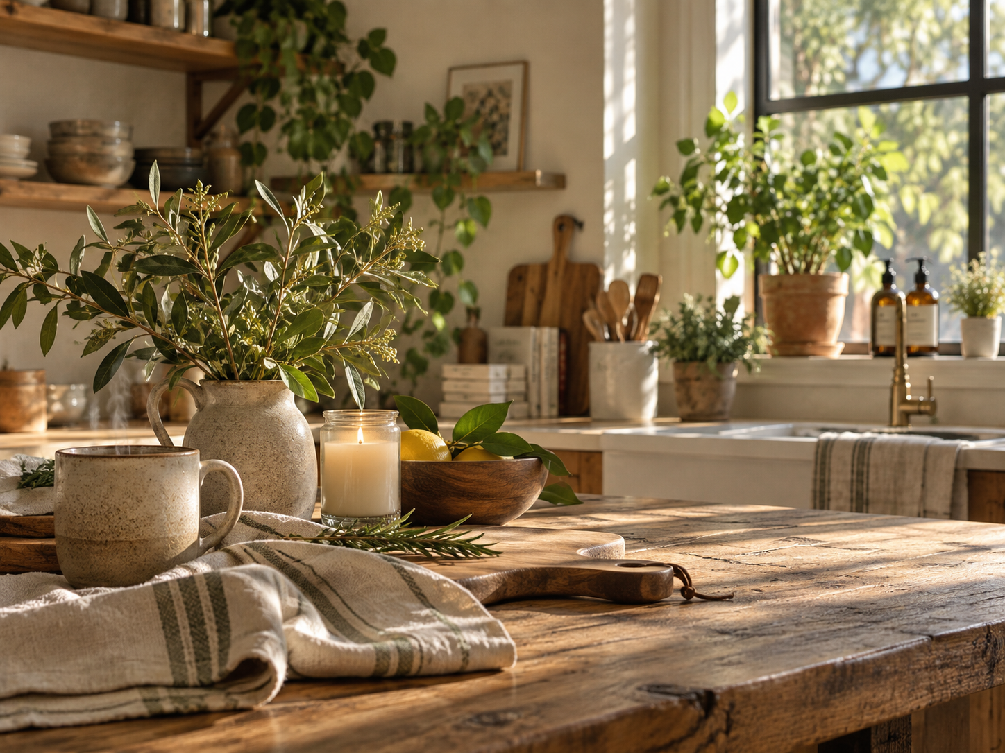 A warm, natural home with handmade and everyday objects in soft morning light.