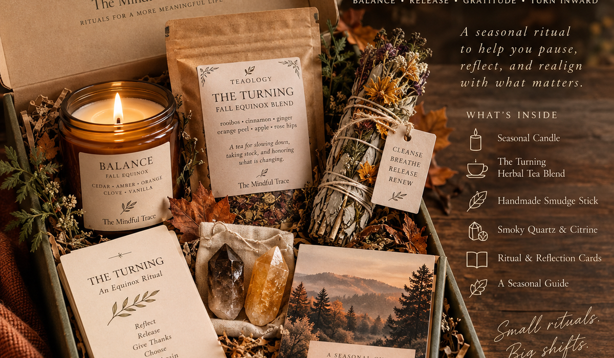 Fall Equinox Ritual Box with seasonal botanicals, candle, and ritual guide