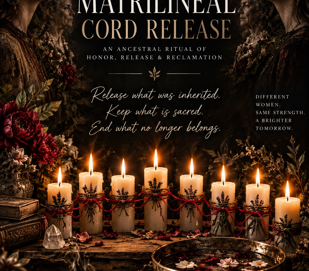 Quiet candlelit space with botanicals and cord, a ritual of release and reclamation